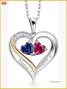 2-Heart Couple Name Engraved Pendant Necklace 925 Sterling Silver 10K Yellow
